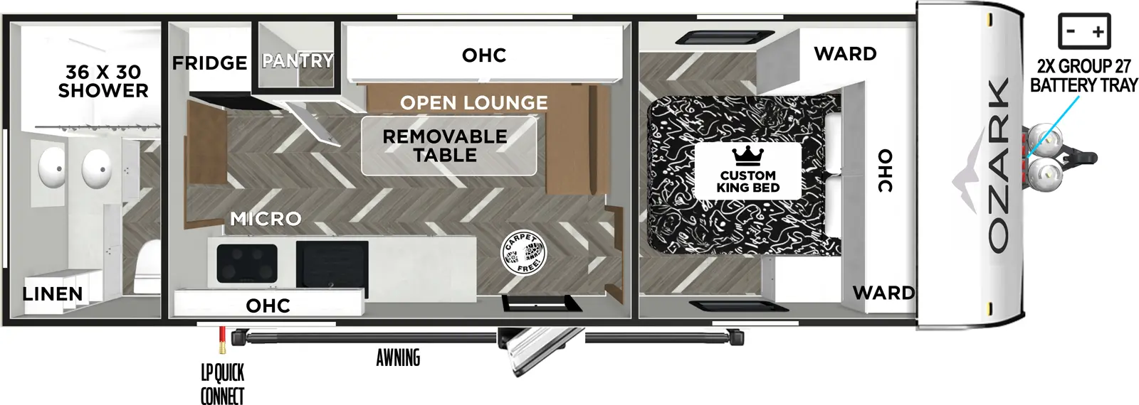 The Ozark 2300RBLE floorplan has one entry and zero slide outs. Exterior features include: fiberglass exterior. Interiors features include: front bedroom and rear bathroom.